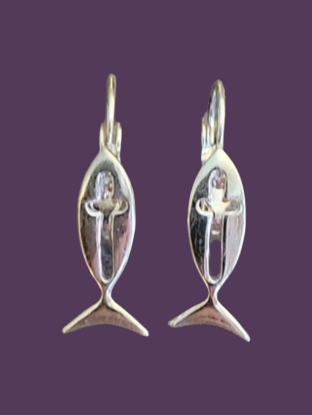 3/$30 VTG Silvertone Ichthys Cross Symbol Leverback Earrings